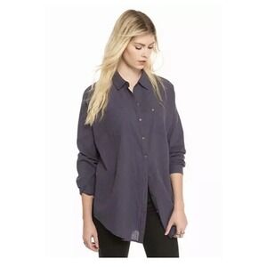 Free People Puckered Check Love Her Madly Top Gray Blue Oversized Gauze Sz Large